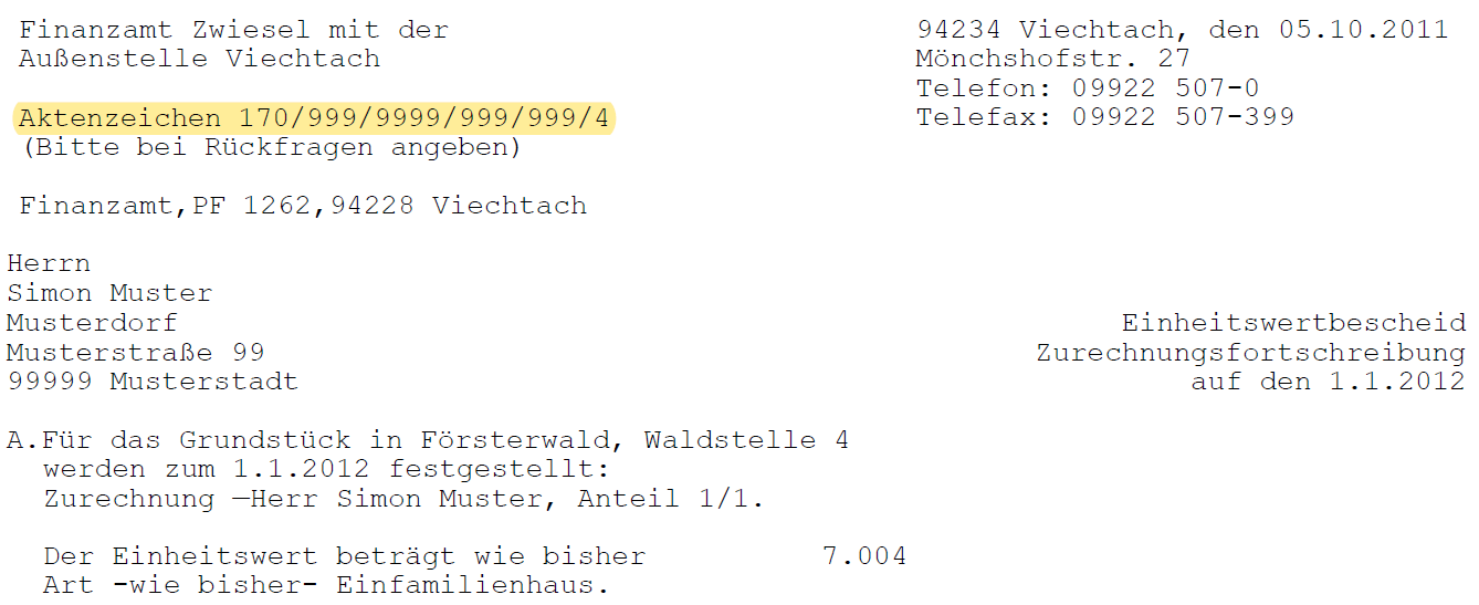 Abbildung Einheitswertbescheid mit hervorgehobenem Aktenzeichen