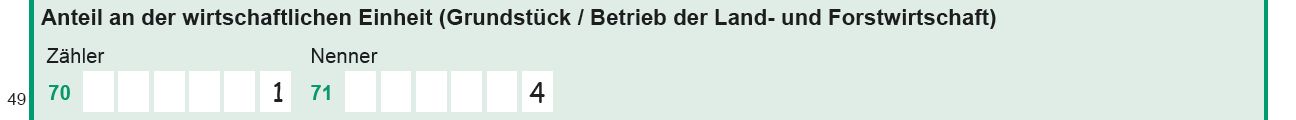 Abbildung Zeile 49 aus Hauptvordruck mit Eintrag '1' in Feld 'Zähler' (70) und Eintrag '4' in Feld 'Nenner' (71)