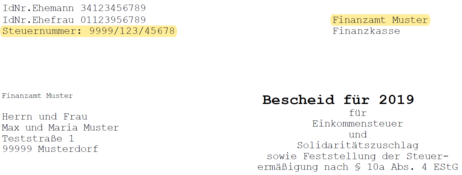 Abbildung Einkommensteuerbescheid mit hervorgehobener Steuernummer und Finanzamt