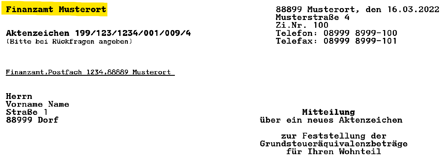 Abbildung Mitteilung über ein neues Aktenzeichen mit hervorgehobenem Lagefinanzamt